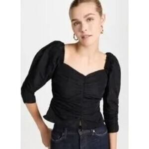 Something Navy Small Puff Shoulder Ruched Top Blouse Black Sweetheart Neckline